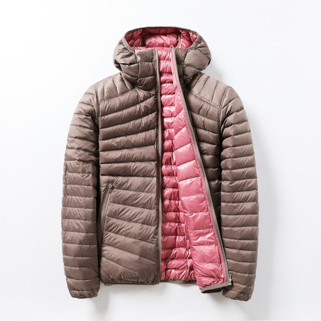 Women's Ultra Light Hooded Two Side Reversible Warm Jacket - FabFemina