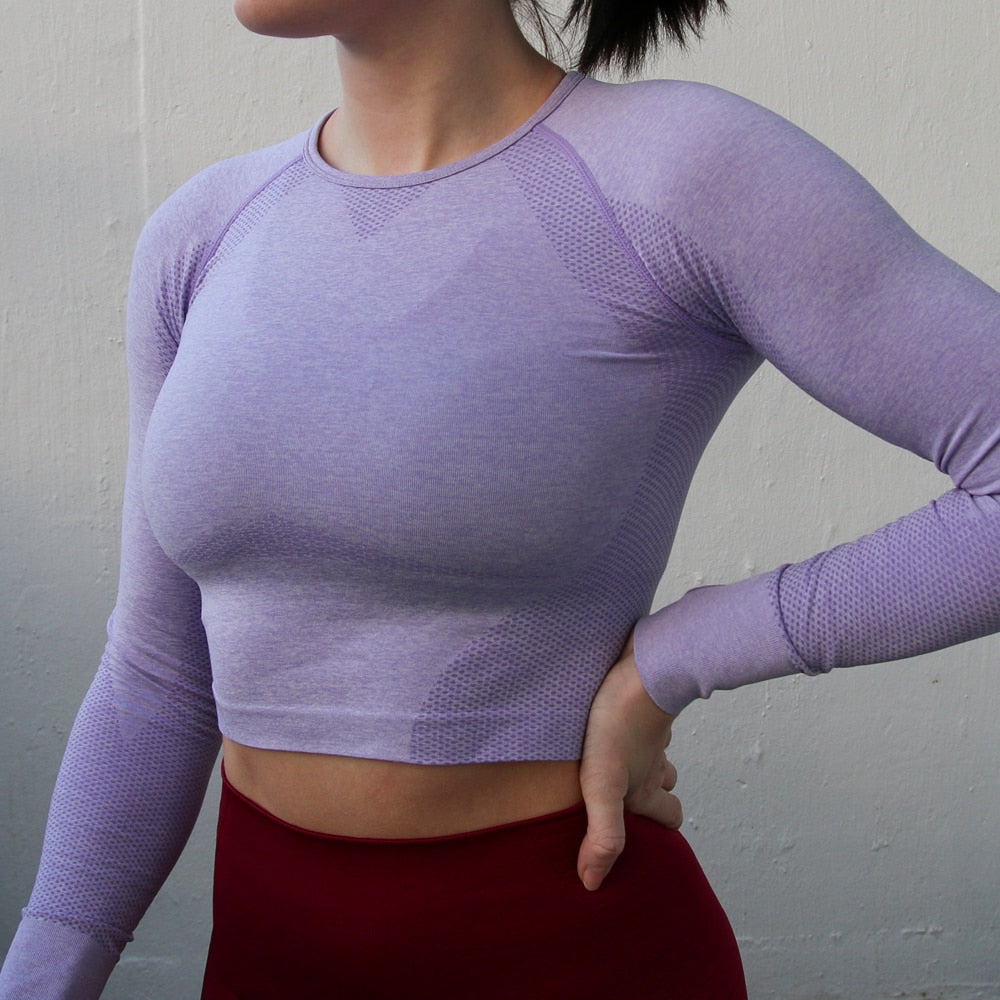 Cropped Seamless Long Sleeve Top Thumb Hole Fitted Workout Shirts for Women - FabFemina