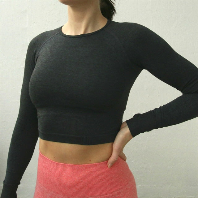 Cropped Seamless Long Sleeve Top Thumb Hole Fitted Workout Shirts for Women - FabFemina