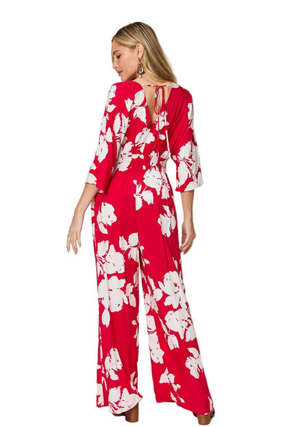 Double Take Full Size Printed Tie Back Wide Leg Jumpsuit - FabFemina