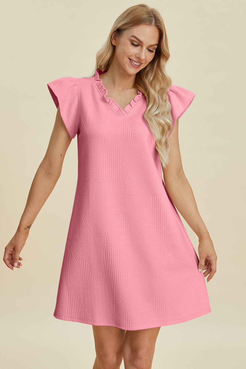 Double Take Full Size Ruffled V-Neck Cap Sleeve Dress - FabFemina