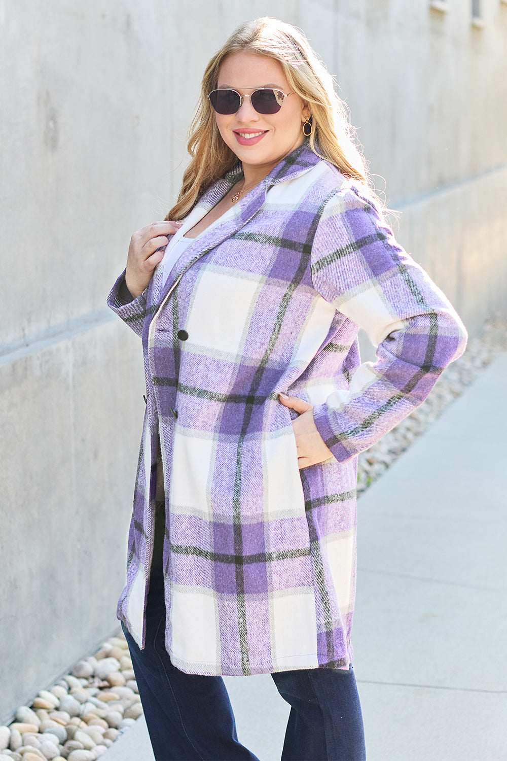 Double Take Full Size Plaid Button Up Lapel Collar Coat - FabFemina