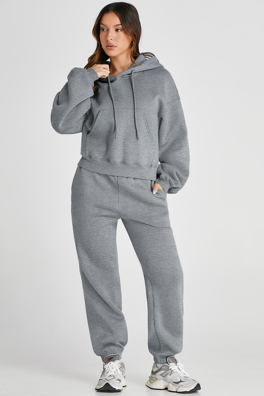 Dropped Shoulder Hooded Top and Pants Active Set - FabFemina