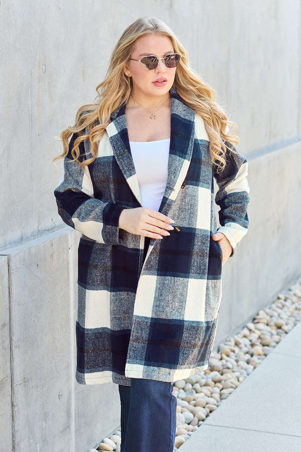 Double Take Full Size Plaid Button Up Lapel Collar Coat - FabFemina