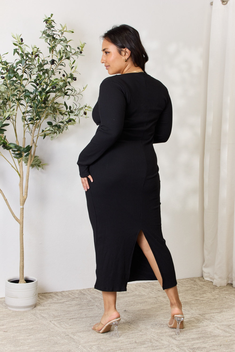 Culture Code Full Size Ribbed Long Sleeve Midi Slit Dress - FabFemina
