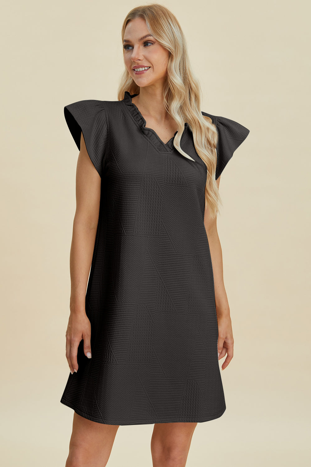 Double Take Full Size Ruffled V-Neck Cap Sleeve Dress - FabFemina