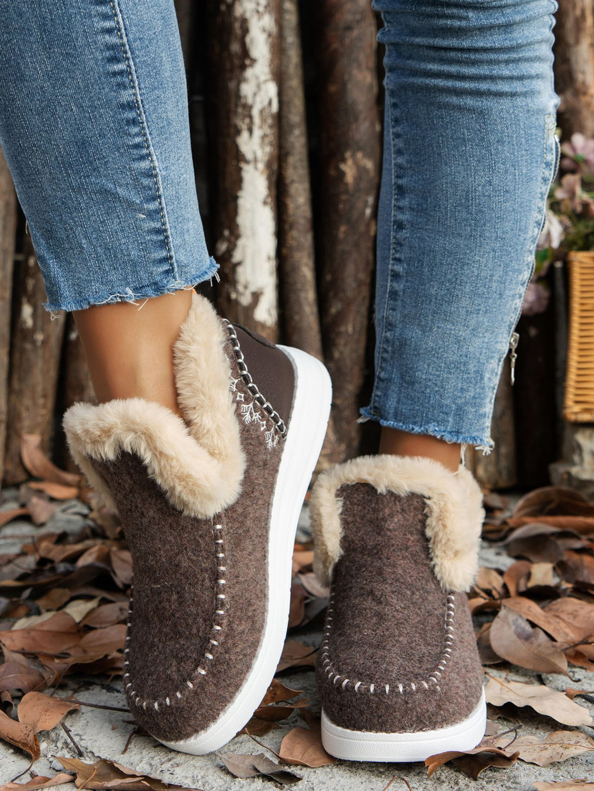 Furry Suede Round Toe Flat Sneakers - FabFemina