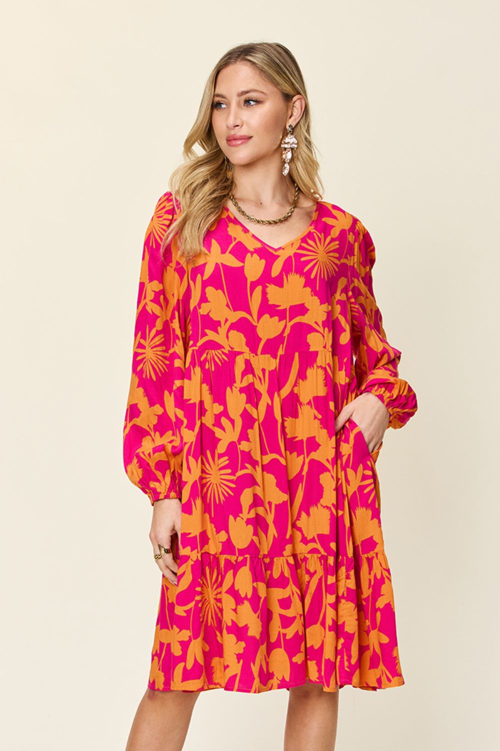 Double Take Full Size Printed Ruffle Hem Dress with Pocket - FabFemina