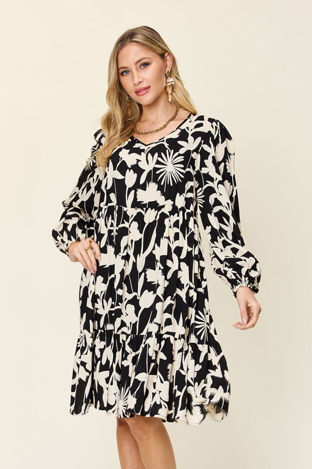 Double Take Full Size Printed Ruffle Hem Dress with Pocket - FabFemina