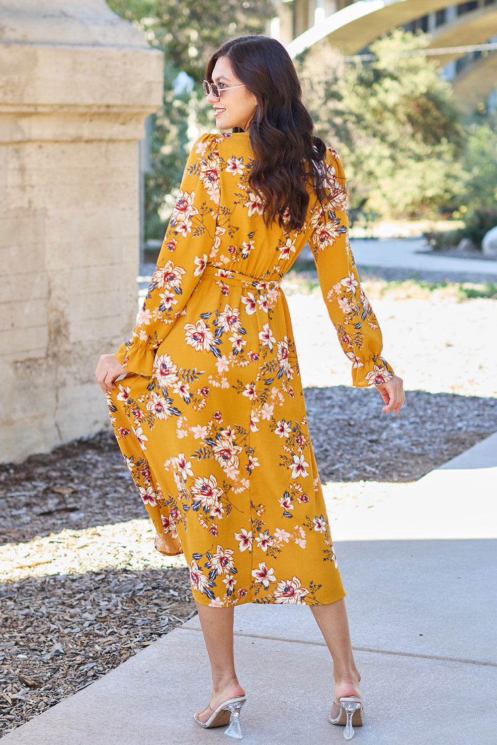 Double Take Full Size Floral Tie Back Flounce Sleeve Dress - FabFemina
