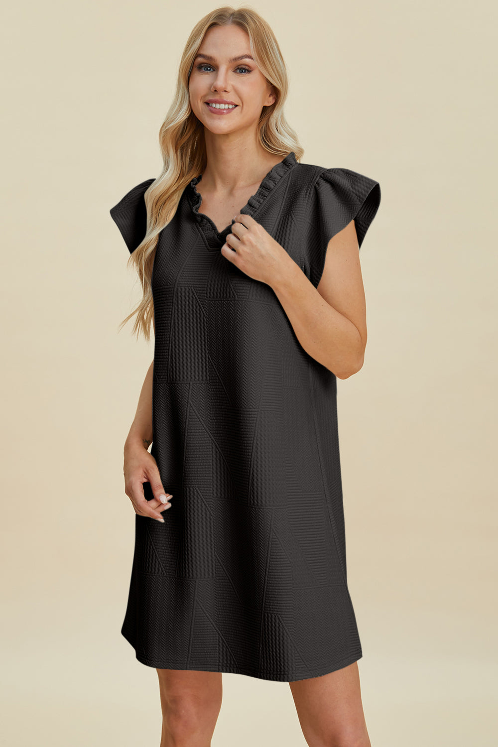 Double Take Full Size Ruffled V-Neck Cap Sleeve Dress - FabFemina