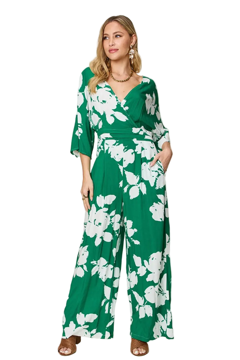 Double Take Full Size Printed Tie Back Wide Leg Jumpsuit - FabFemina