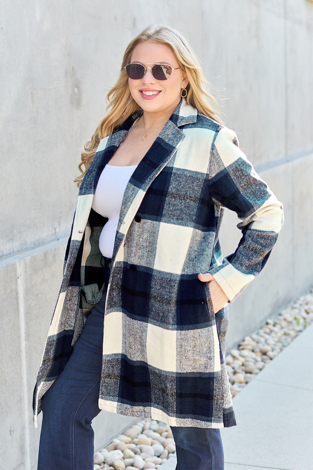 Double Take Full Size Plaid Button Up Lapel Collar Coat - FabFemina