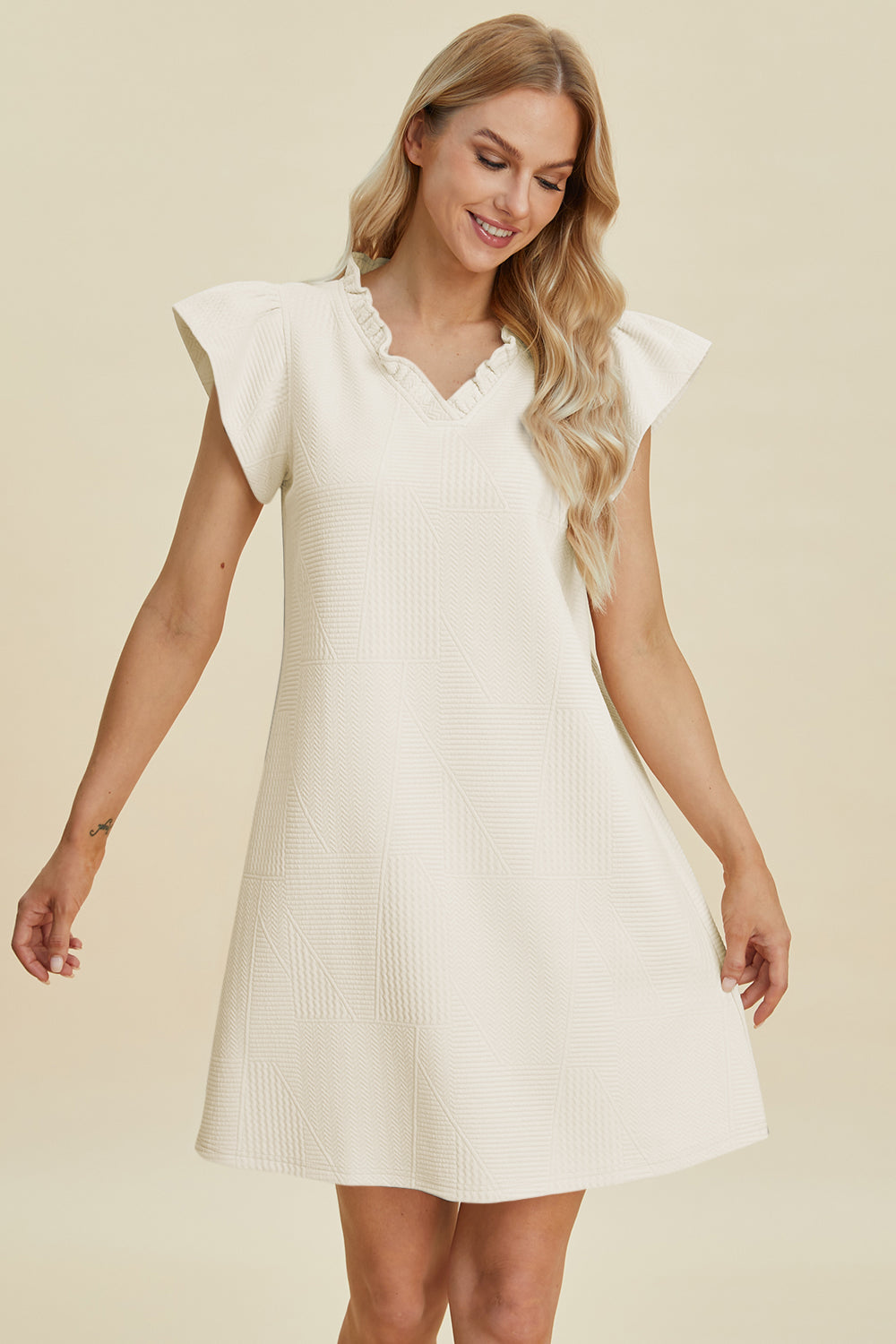 Double Take Full Size Ruffled V-Neck Cap Sleeve Dress - FabFemina