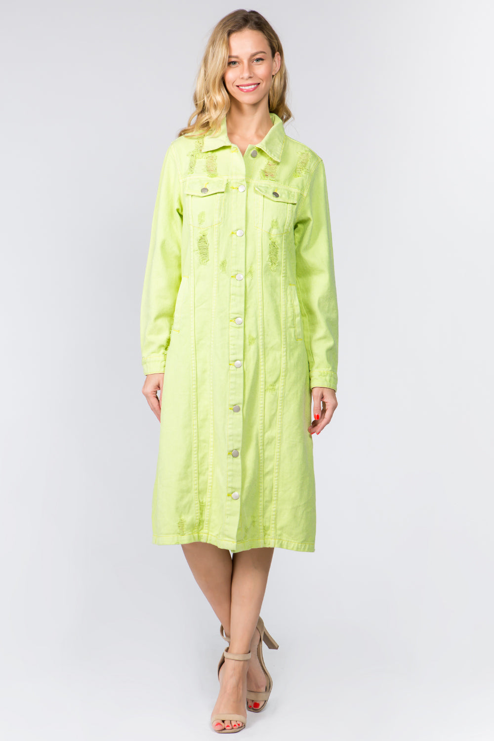 American Bazi Button Up Distressed Denim Dress - FabFemina