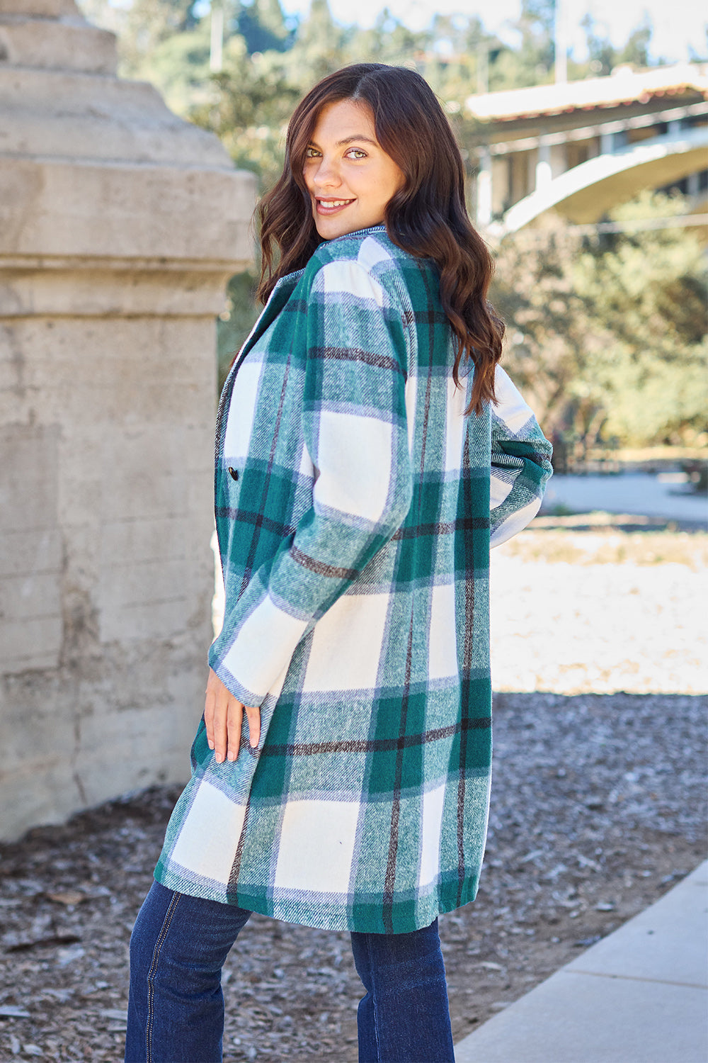 Double Take Full Size Plaid Button Up Lapel Collar Coat - FabFemina