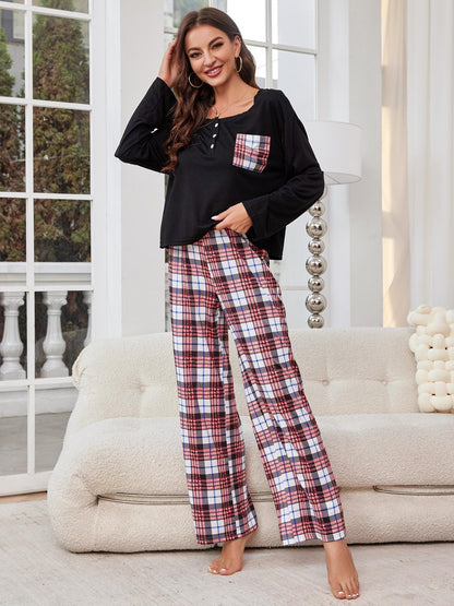 Round Neck Long Sleeve Top and Plaid Pants Lounge Set Christmas