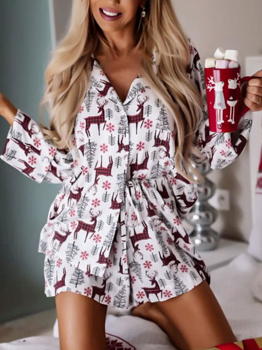 Printed Collared Neck Long Sleeve Top and Shorts Lounge Set for Christmas