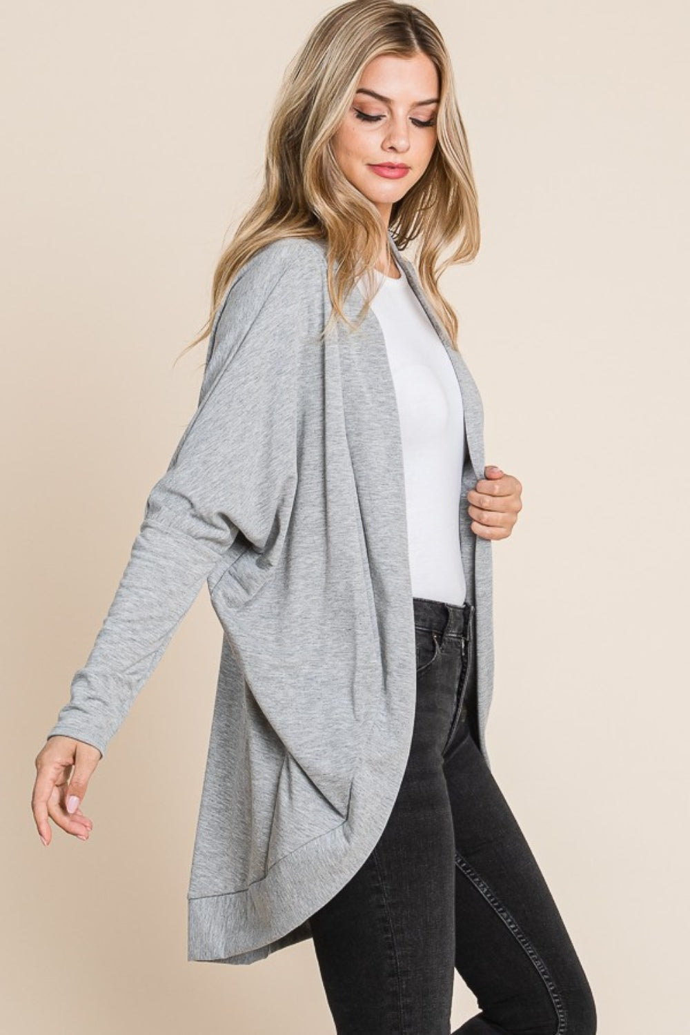 BOMBOM Open Front Long Sleeve Cocoon Cardigan - FabFemina