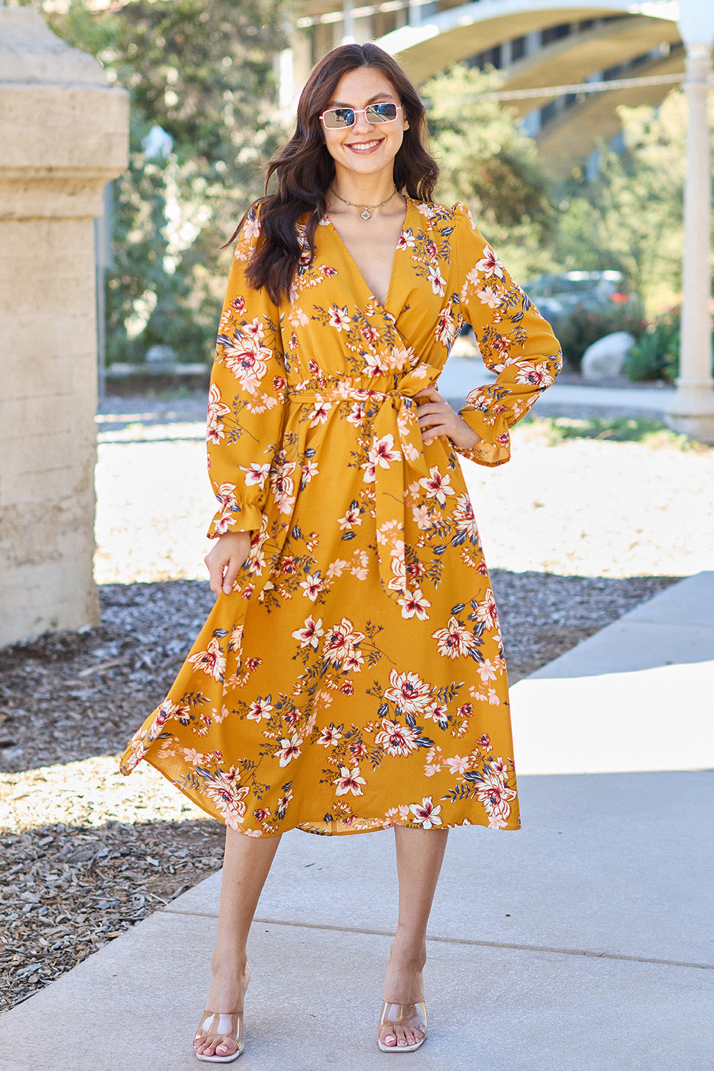 Double Take Full Size Floral Tie Back Flounce Sleeve Dress - FabFemina