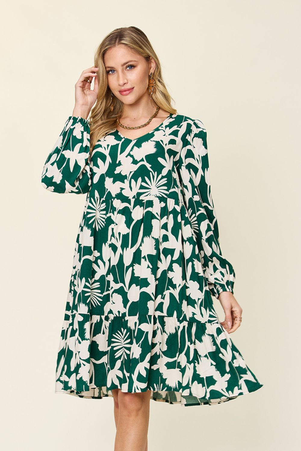 Double Take Full Size Printed Ruffle Hem Dress with Pocket - FabFemina