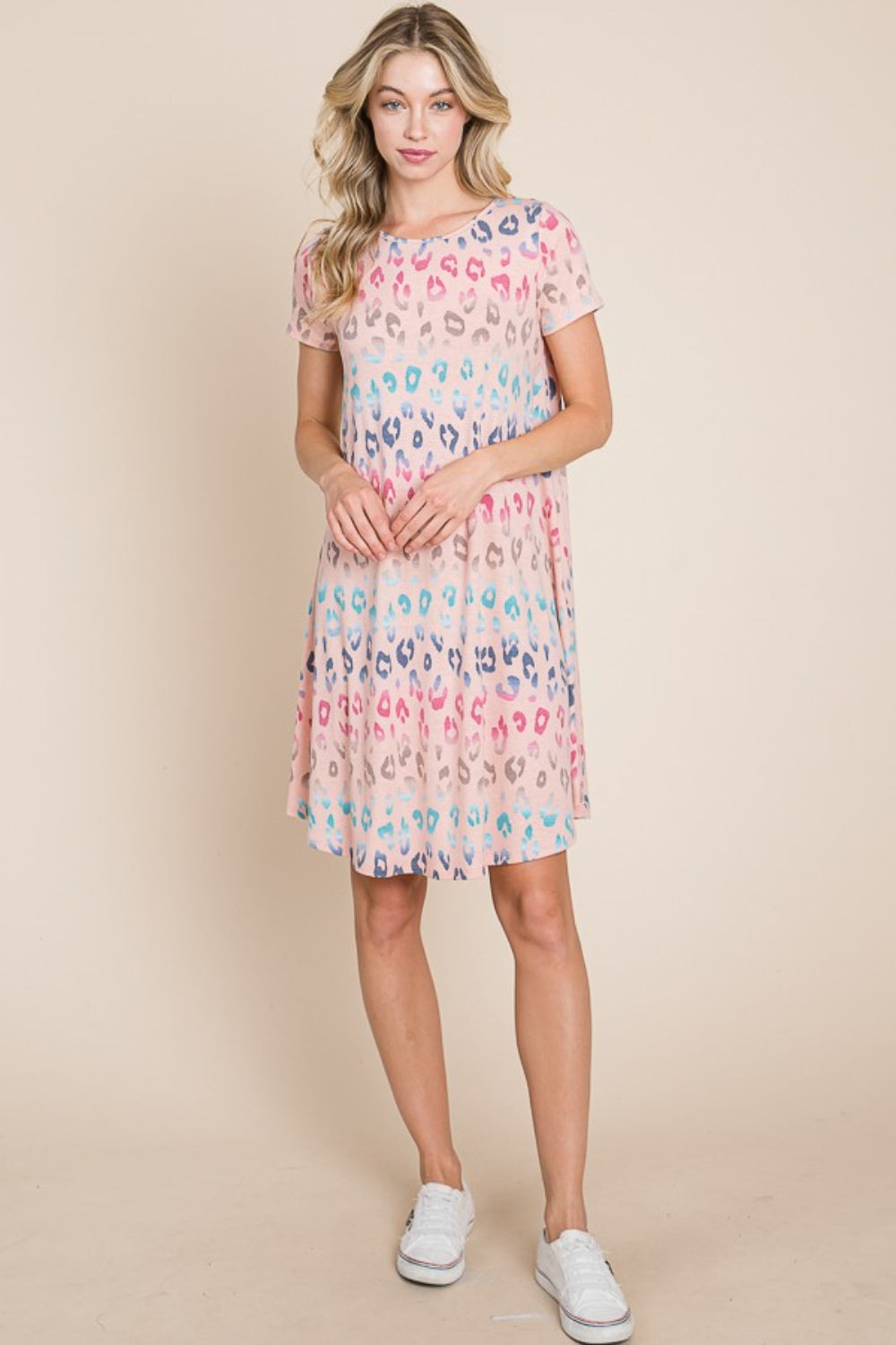 BOMBOM Leopard Round Neck Short Sleeve Dress - FabFemina