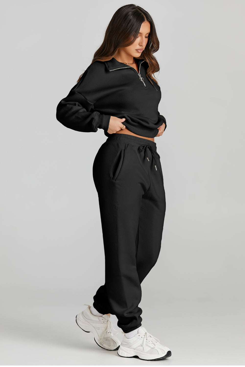 Quarter Zip Top and Drawstring Pants Active Set - FabFemina
