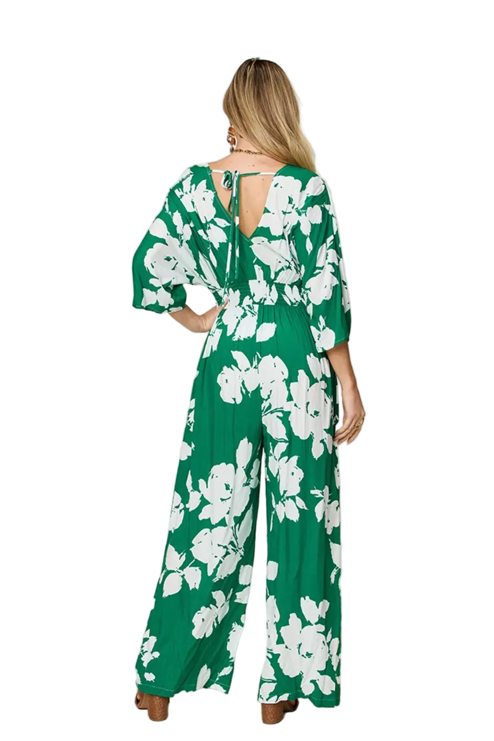 Double Take Full Size Printed Tie Back Wide Leg Jumpsuit - FabFemina