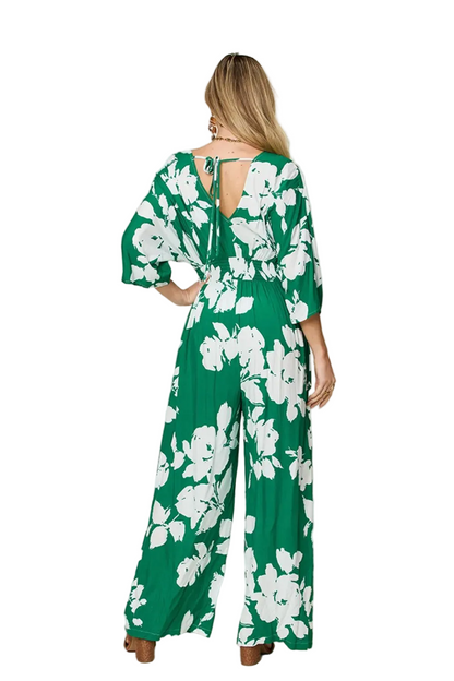 Double Take Full Size Printed Tie Back Wide Leg Jumpsuit - FabFemina