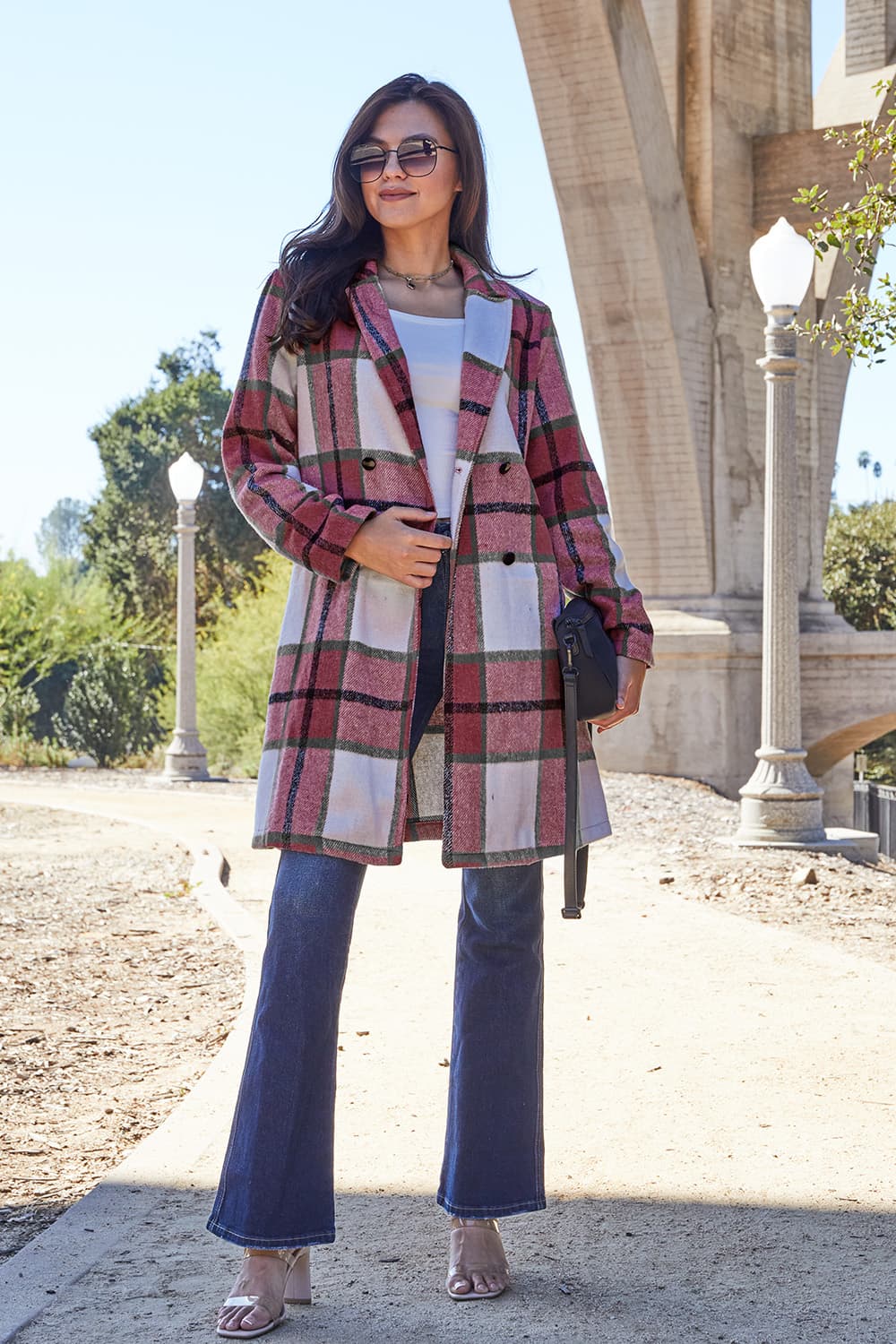 Double Take Full Size Plaid Button Up Lapel Collar Coat - FabFemina