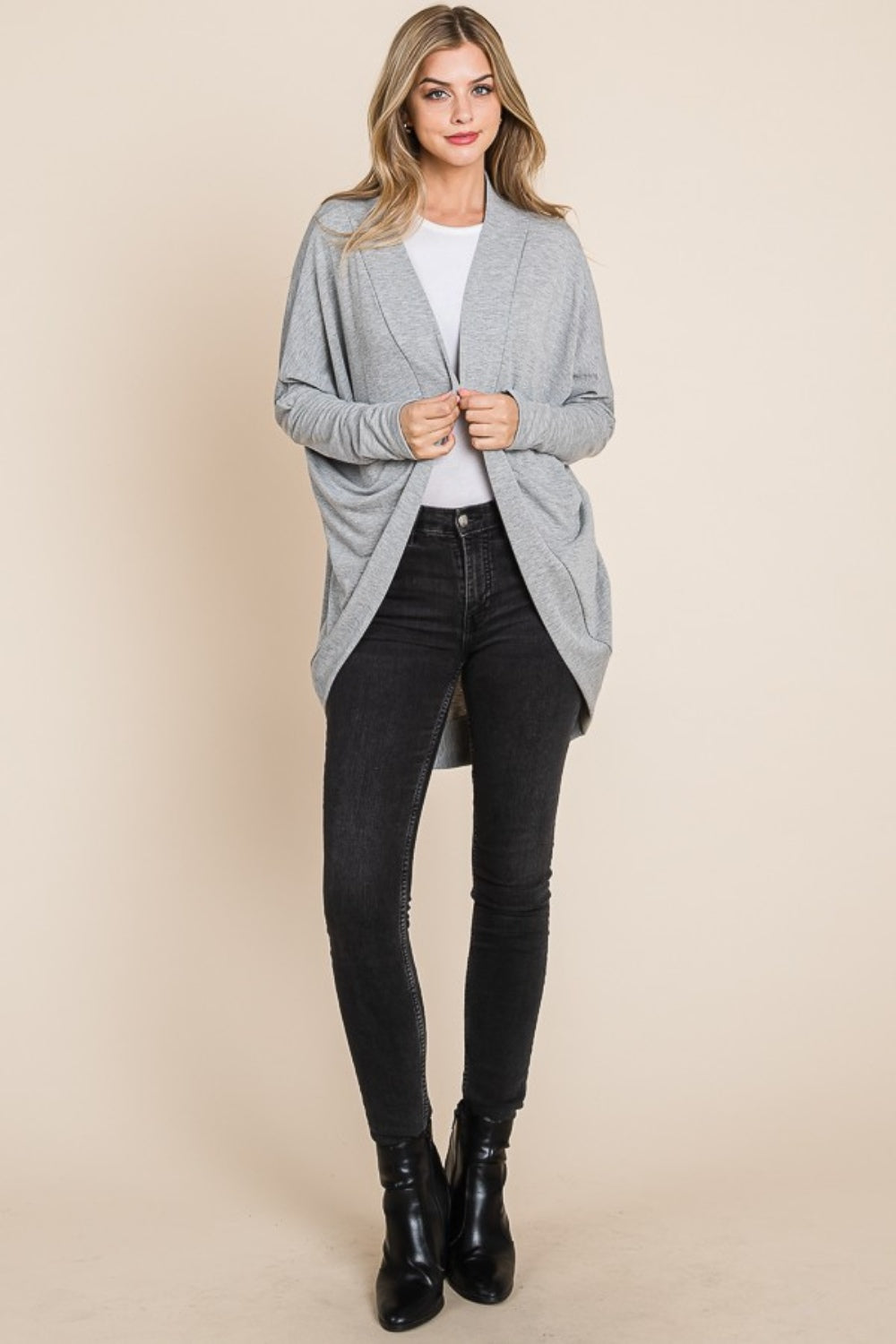 BOMBOM Open Front Long Sleeve Cocoon Cardigan - FabFemina