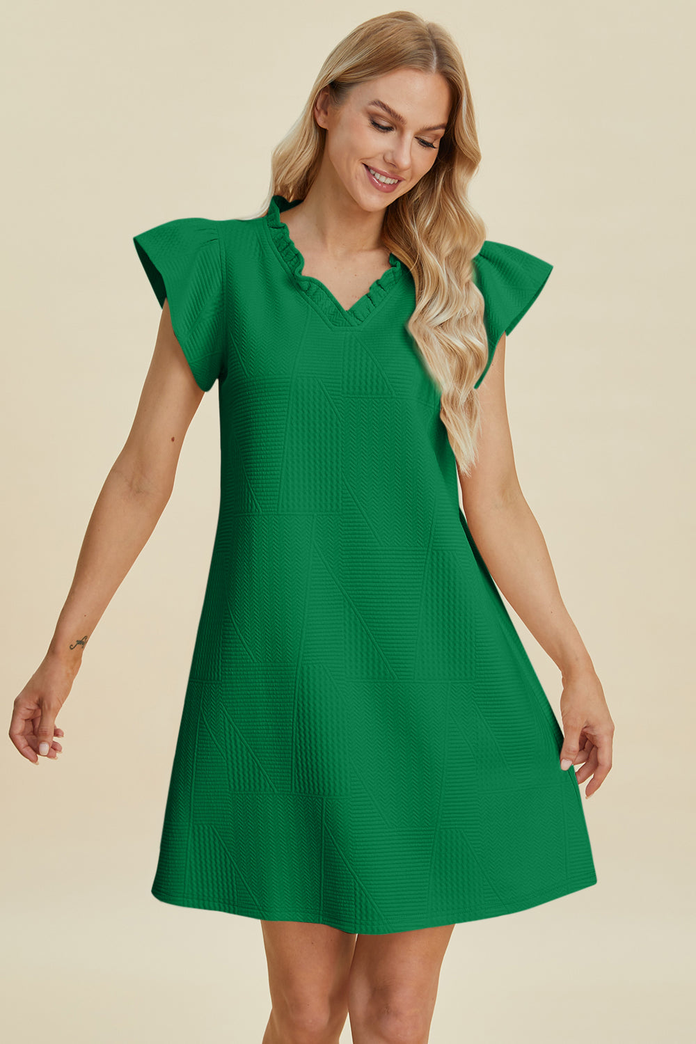 Double Take Full Size Ruffled V-Neck Cap Sleeve Dress - FabFemina