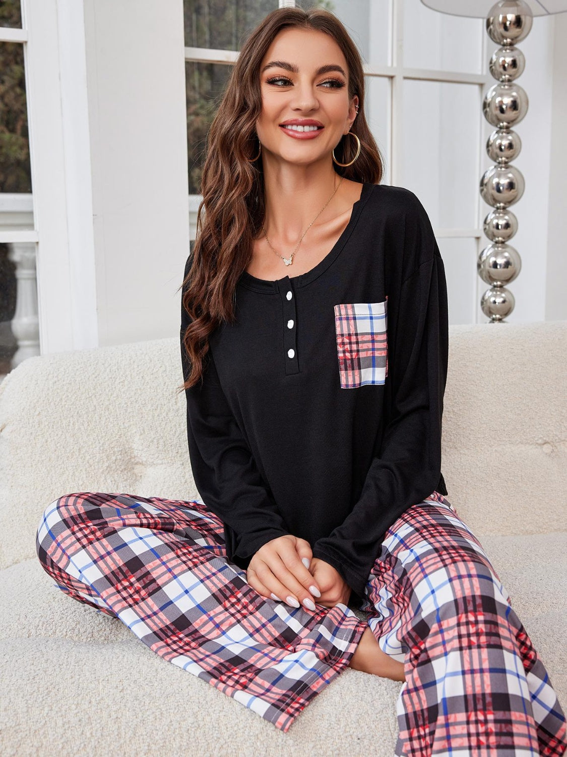 Round Neck Long Sleeve Top and Plaid Pants Lounge Set Christmas