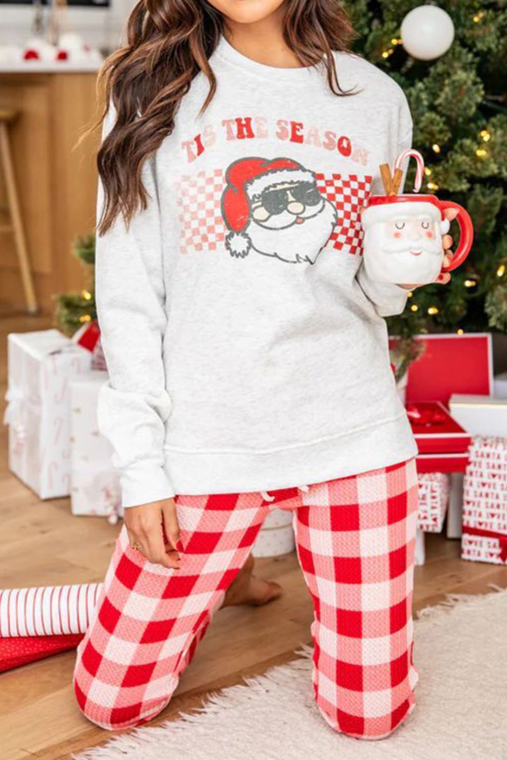 ITS THE SEASON Round Neck Top and Plaid Pants Lounge Set for Christmas