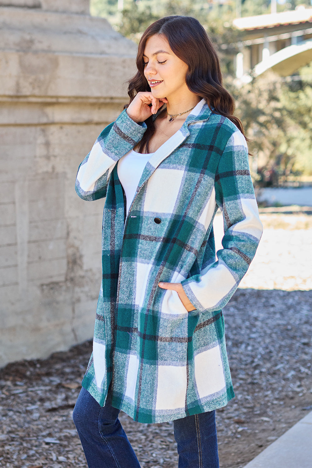 Double Take Full Size Plaid Button Up Lapel Collar Coat - FabFemina