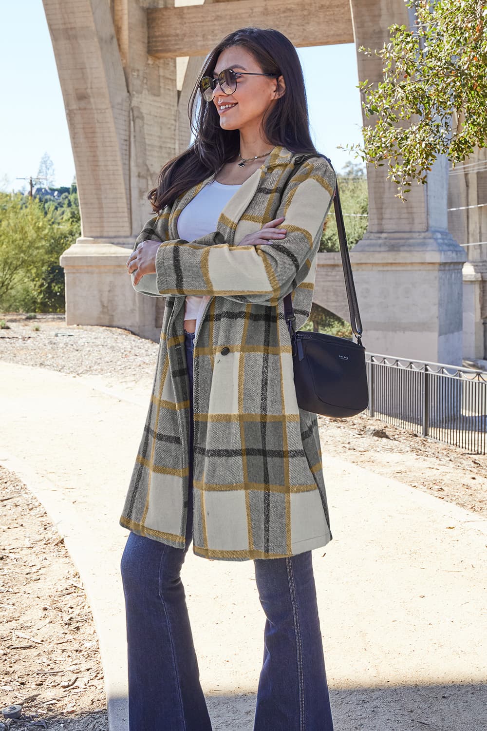Double Take Full Size Plaid Button Up Lapel Collar Coat - FabFemina