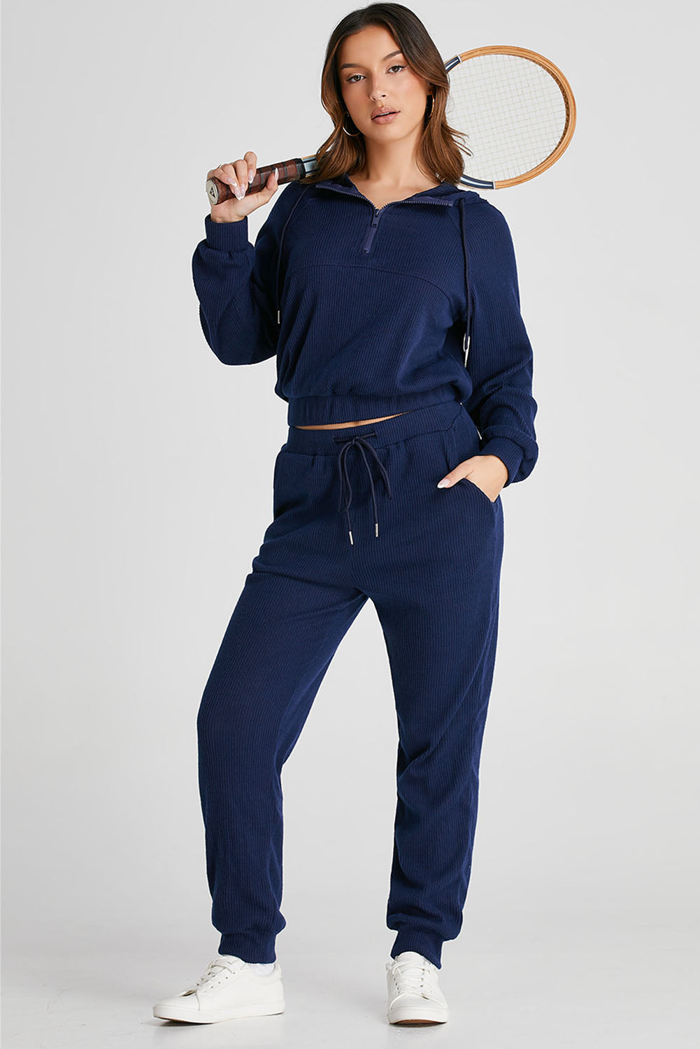 Drawstring Half Zip Hoodie and Joggers Active Set - FabFemina
