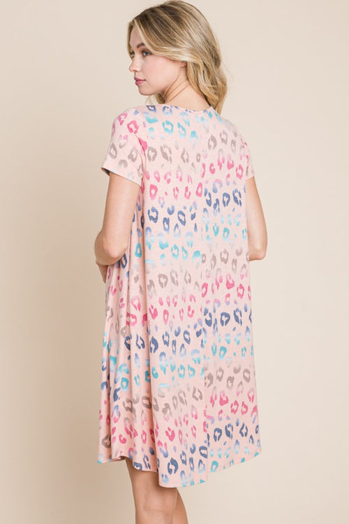 BOMBOM Leopard Round Neck Short Sleeve Dress - FabFemina