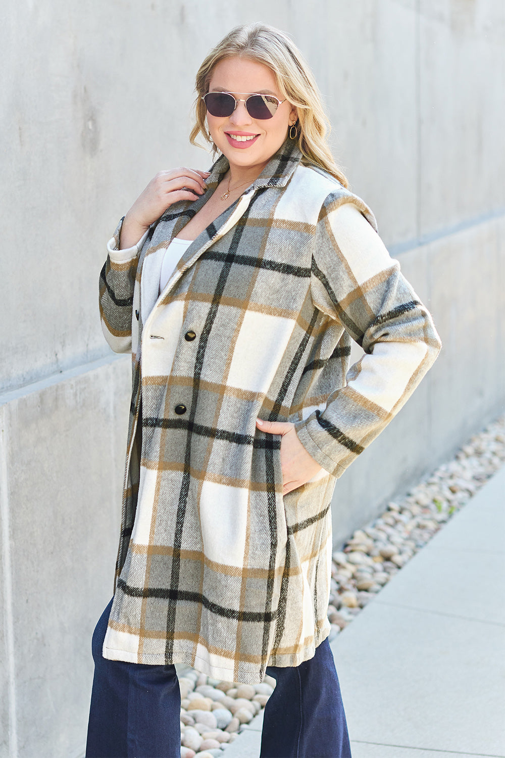 Double Take Full Size Plaid Button Up Lapel Collar Coat - FabFemina