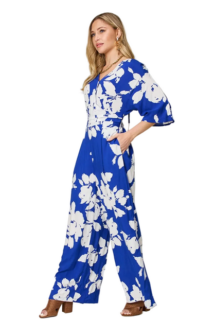 Double Take Full Size Printed Tie Back Wide Leg Jumpsuit - FabFemina