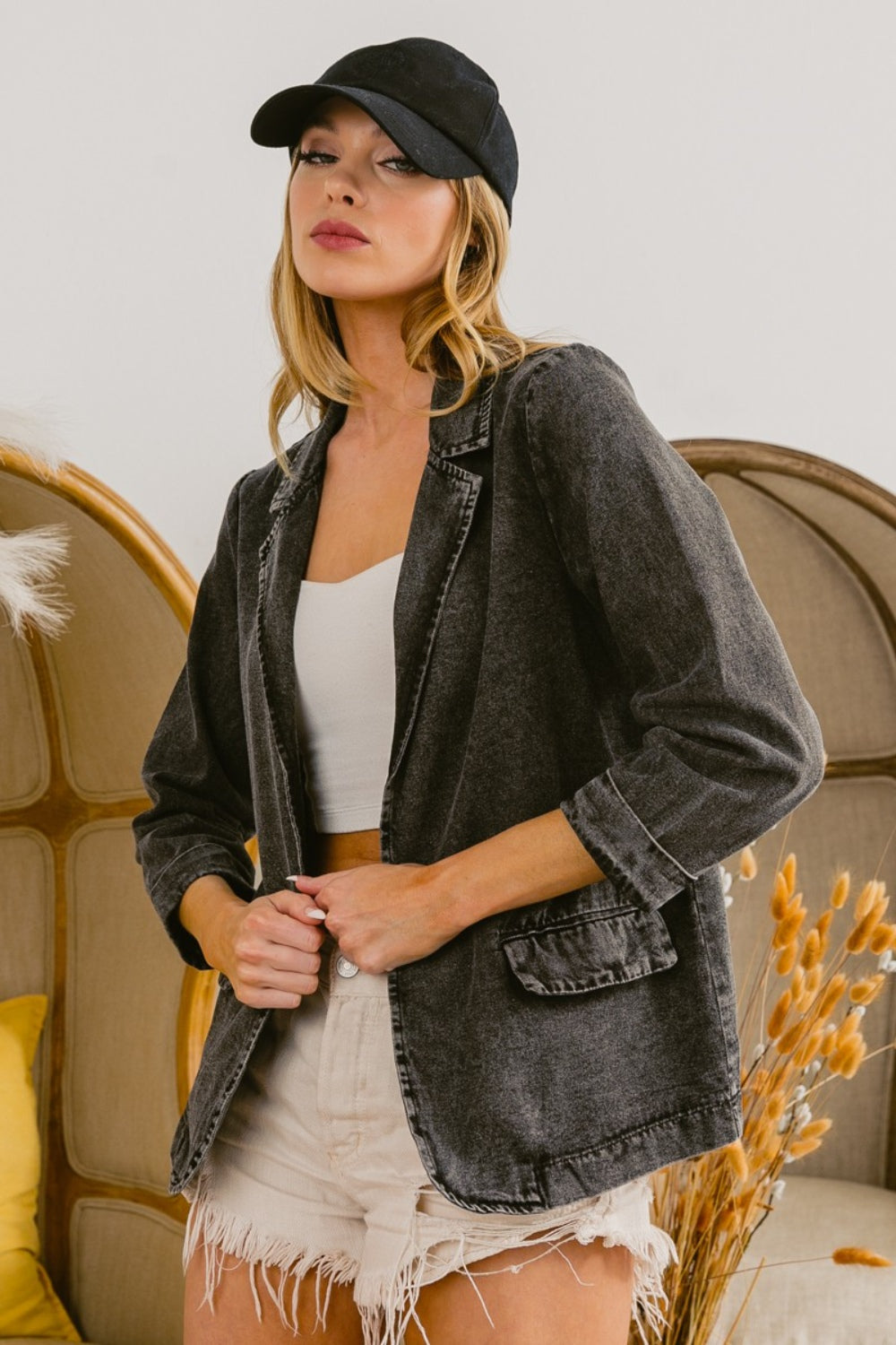 BiBi Single Breasted Washed Denim Blazer