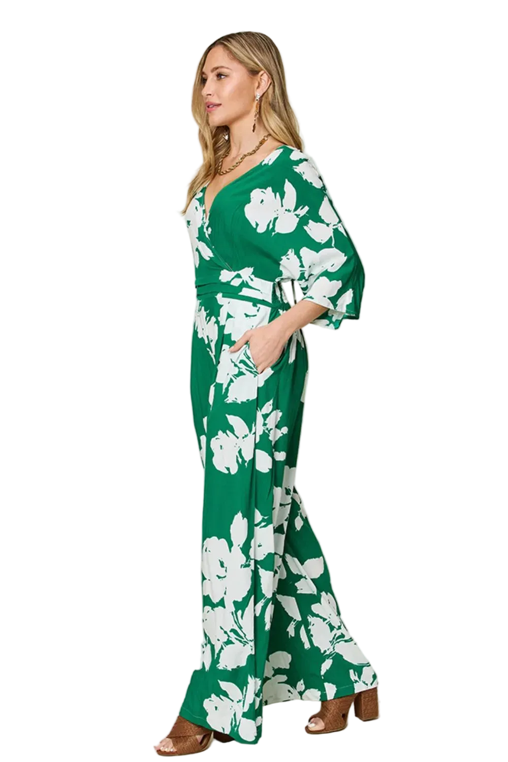 Double Take Full Size Printed Tie Back Wide Leg Jumpsuit - FabFemina
