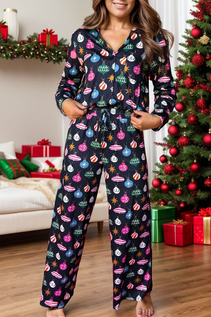 Printed Collared Neck Long Sleeve Top and Pants ChristmasLounge Set