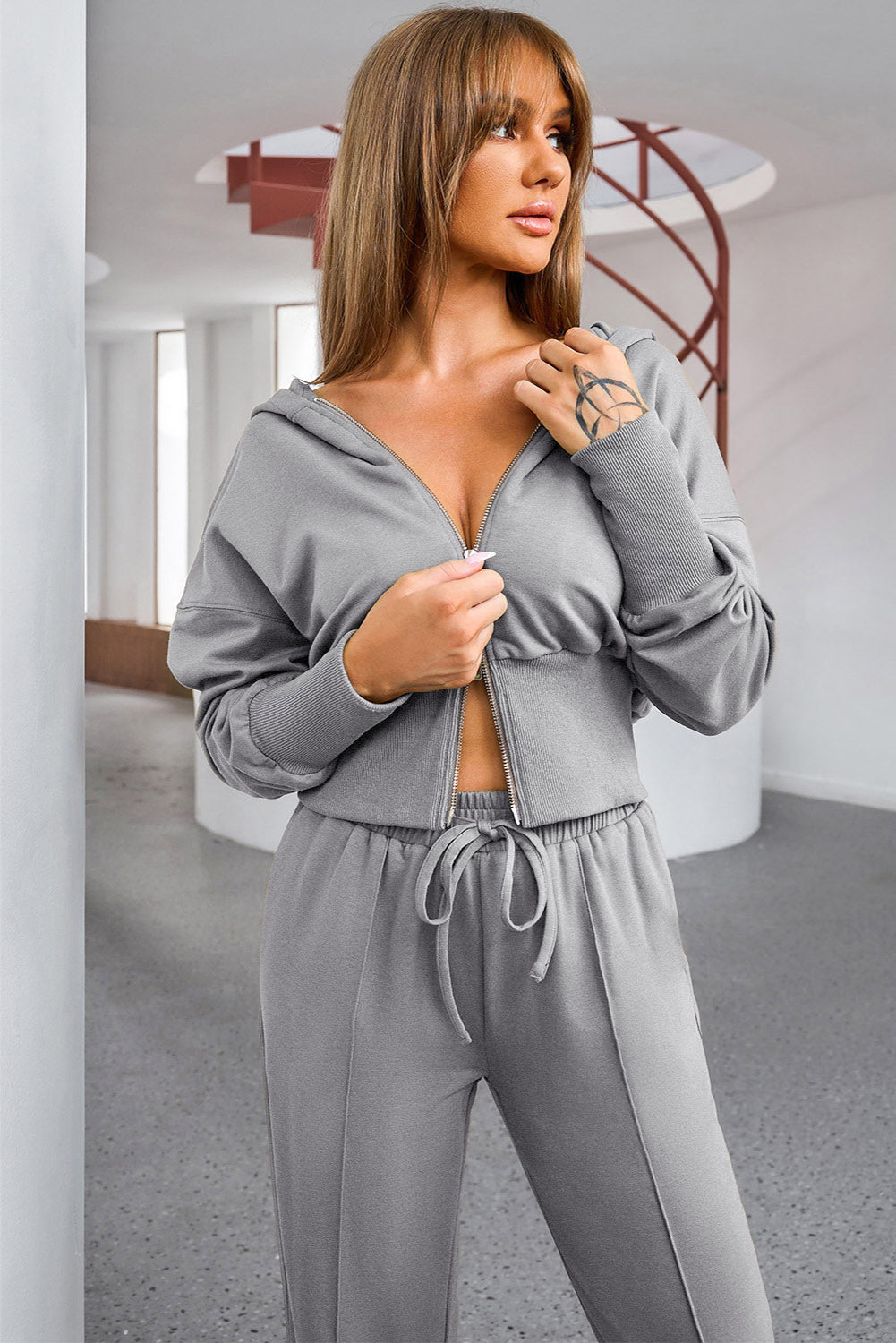 Dropped Shoulder Hoodie and Drawstring Pants Active Set - FabFemina
