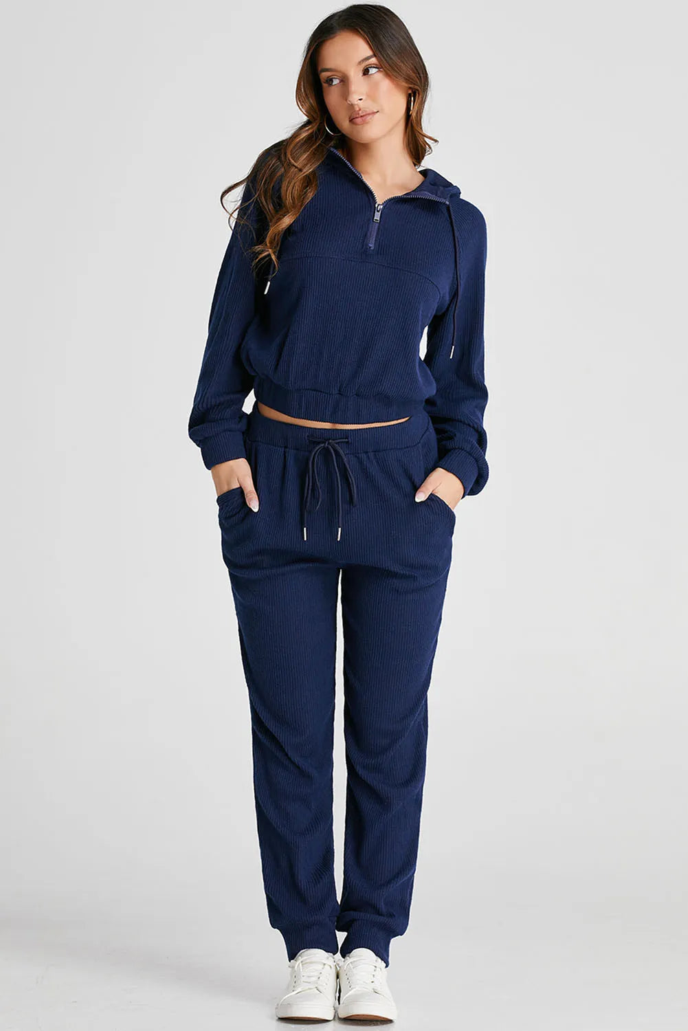 Drawstring Half Zip Hoodie and Joggers Active Set - FabFemina