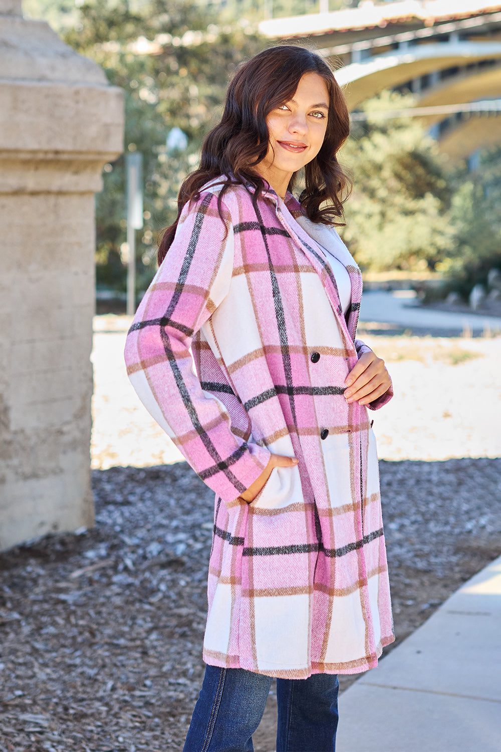 Double Take Full Size Plaid Button Up Lapel Collar Coat - FabFemina