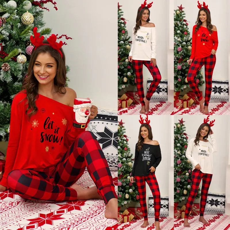 Women Christmas Printed Pajamas Set Cotton Sleepwear Long Lattice Pants + One Shoulder Tops Pyjamas Women's Clothes Pyjamas 5XL - FabFemina