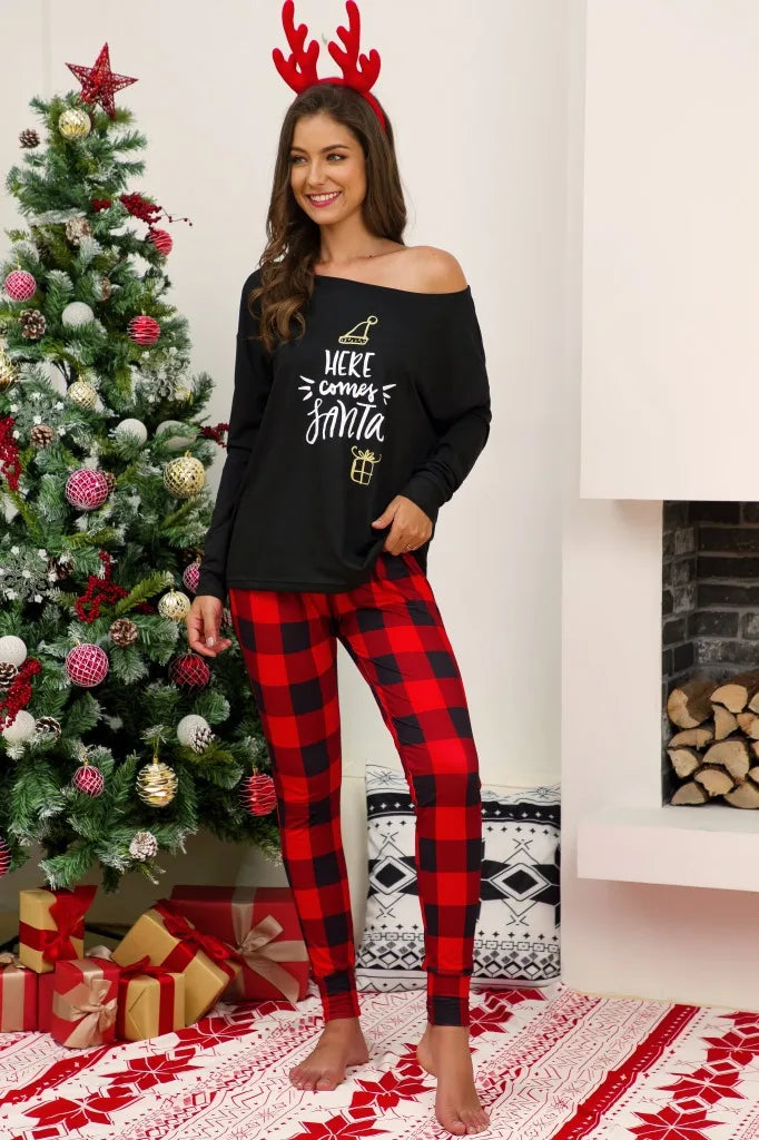 Women Christmas Printed Pajamas Set Cotton Sleepwear Long Lattice Pants + One Shoulder Tops Pyjamas Women's Clothes Pyjamas 5XL - FabFemina