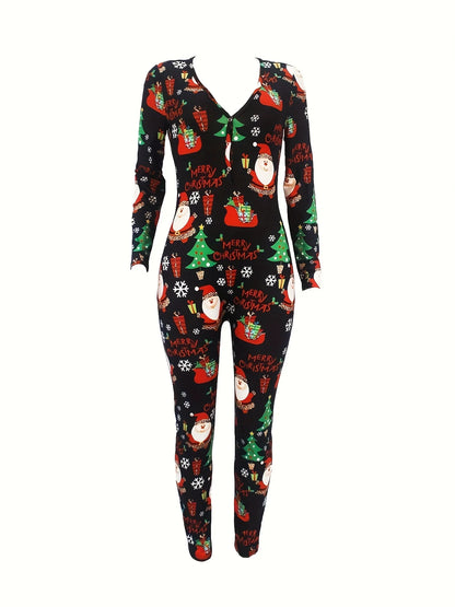 Christmas Print Lounge Jumpsuit, Cute Long Sleeve V Neck Buttons Jumpsuit, Women's Loungewear & Sleepwear - FabFemina