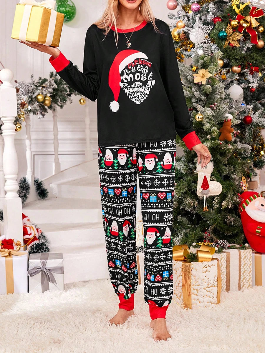 Womens 2 Piece Christmas Pj Sets Long Sleeve Crewneck Santa Claus Print Top and Drawstring Lounge Pants Soft Comfy Sleepwear - FabFemina